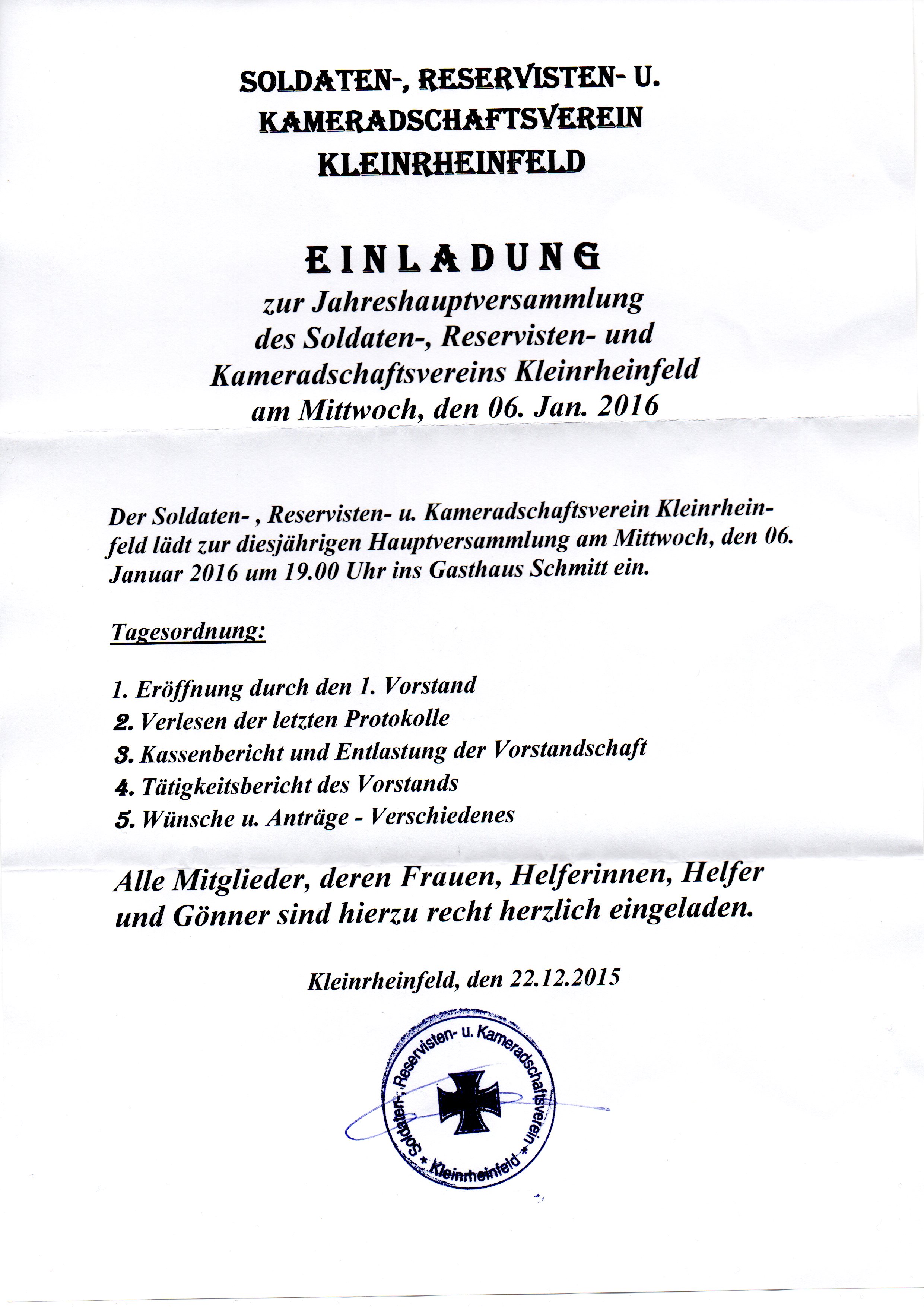 Einladung Hauptversammlung Kleinrheinfeld 2016