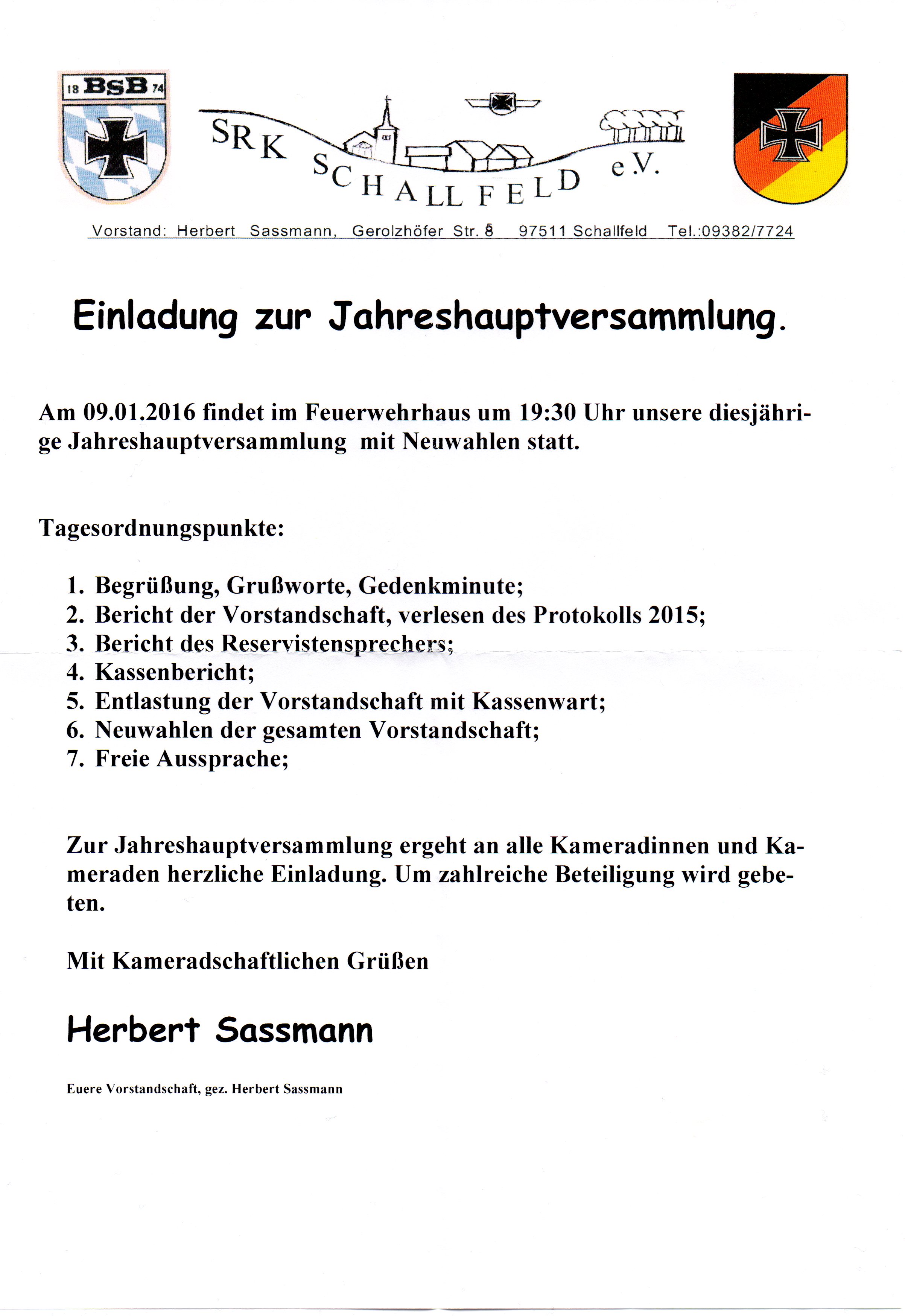 Einladung Hauptversammlung Schallfeld 2016